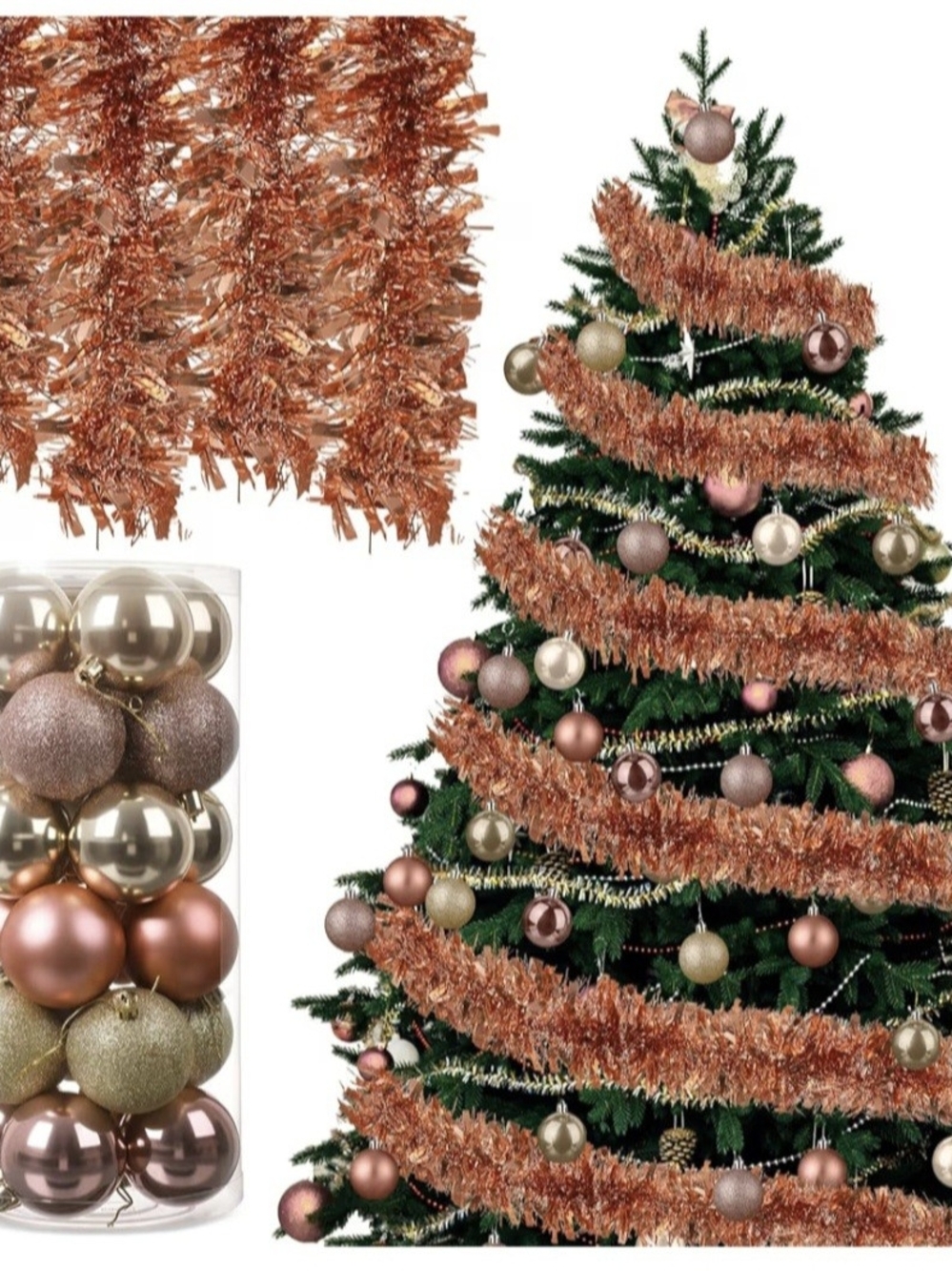 Rose Gold Christmas Tree Tinsel Garland & Ornament Set - Holiday Home Decor. NEW